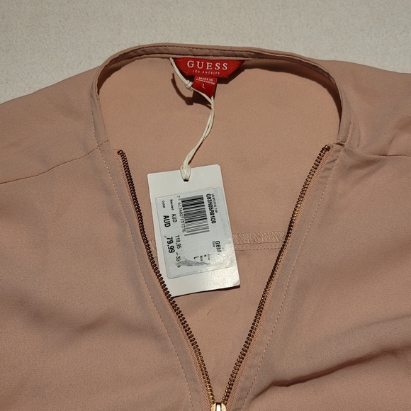 NWT Guess Blush Pink Zip Front Semi Sheer Long Sleeve Blouse Large - Picture 2 of 12